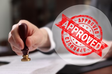 Image of Man stamping document at table and red stamp Approved