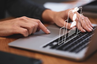 Image of Human resources manager working on laptop at table, closeup. Candidate's resume on virtual screen above computer. Recruitment and employee search
