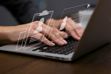 Image of Human resources manager working on laptop at table, closeup. Candidate's resume on virtual screen above computer. Recruitment and employee search