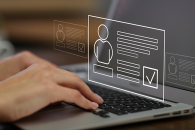 Image of Human resources manager searching for employee on laptop at table, closeup. Resumes on virtual screen above computer. Recruitment