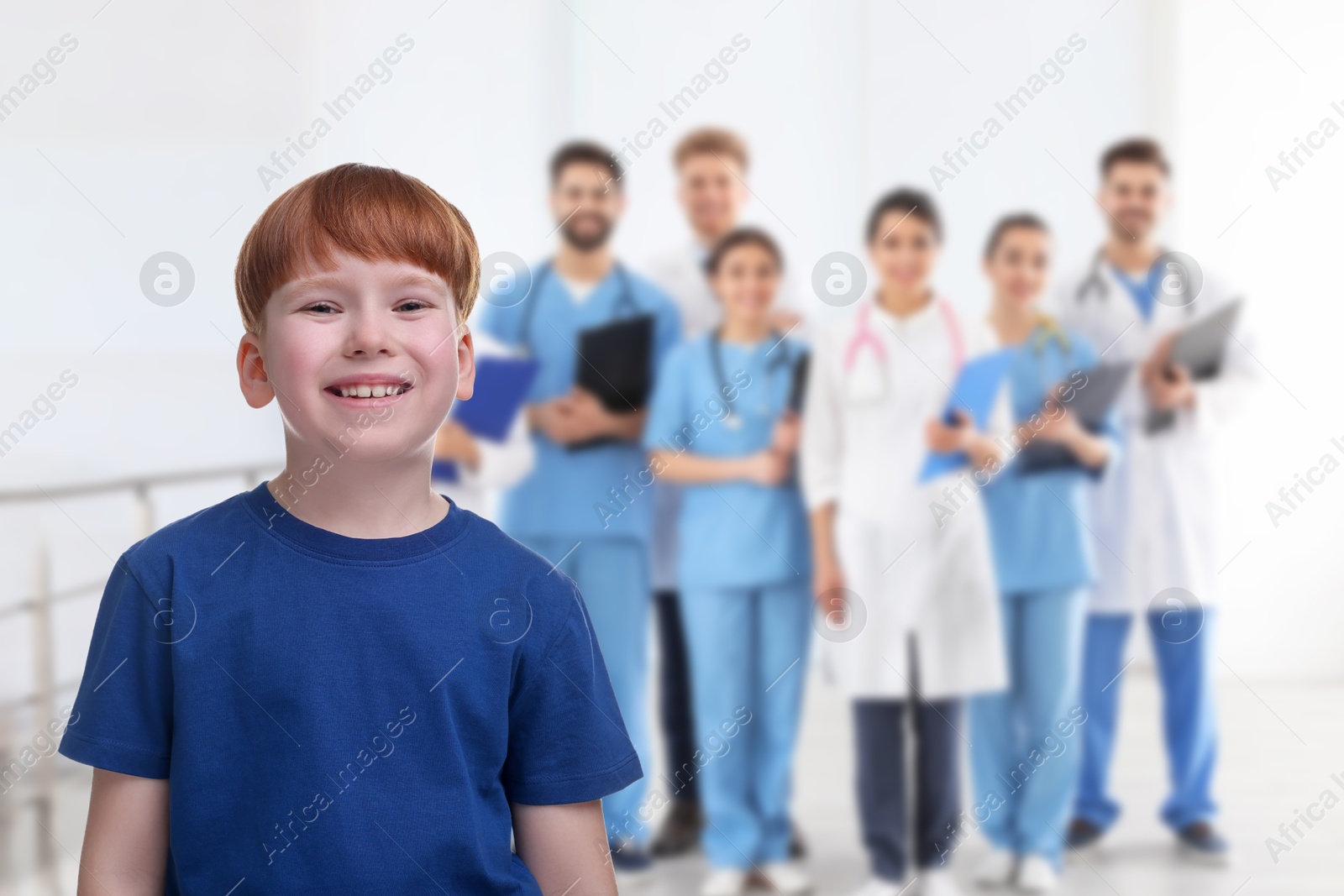 Image of Cute child and medical staff in hospital. Pediatric ward