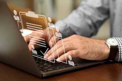 Image of Human resources manager working on laptop at table, closeup. Candidate's resume on virtual screen above computer. Recruitment and employee search