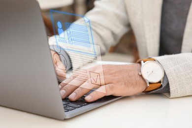 Image of Human resources manager searching for employee on laptop at table, closeup. Resumes on virtual screen above computer. Recruitment
