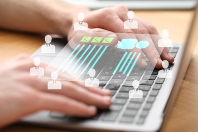 Image of Human resources manager working on laptop at table, closeup. Candidate's resume on virtual screen above computer. Recruitment and employee search