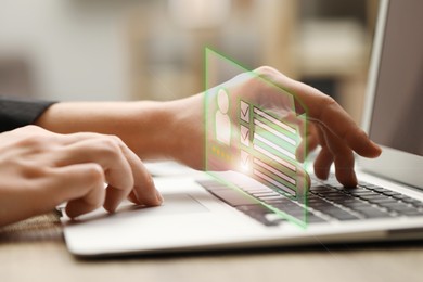 Image of Human resources manager working on laptop at table, closeup. Candidate's resume on virtual screen above computer. Recruitment and employee search