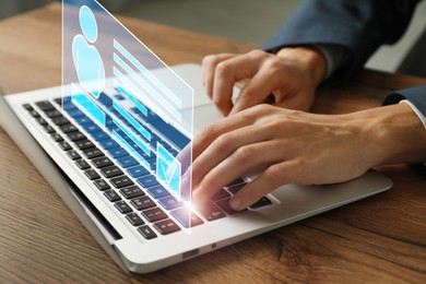 Image of Human resources manager working on laptop at table, closeup. Candidate's resume on virtual screen above computer. Recruitment and employee search