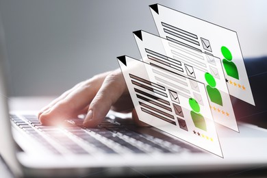 Image of Human resources manager searching for employee on laptop at table, closeup. Resumes on virtual screen above computer. Recruitment