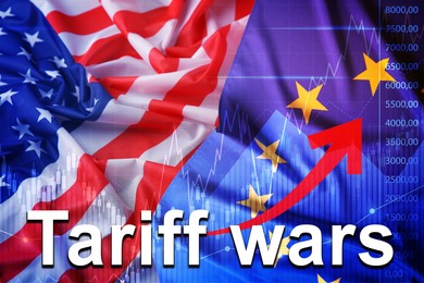 Image of Tariff wars. Flags of America and European Union, graph, red arrow. Double exposure