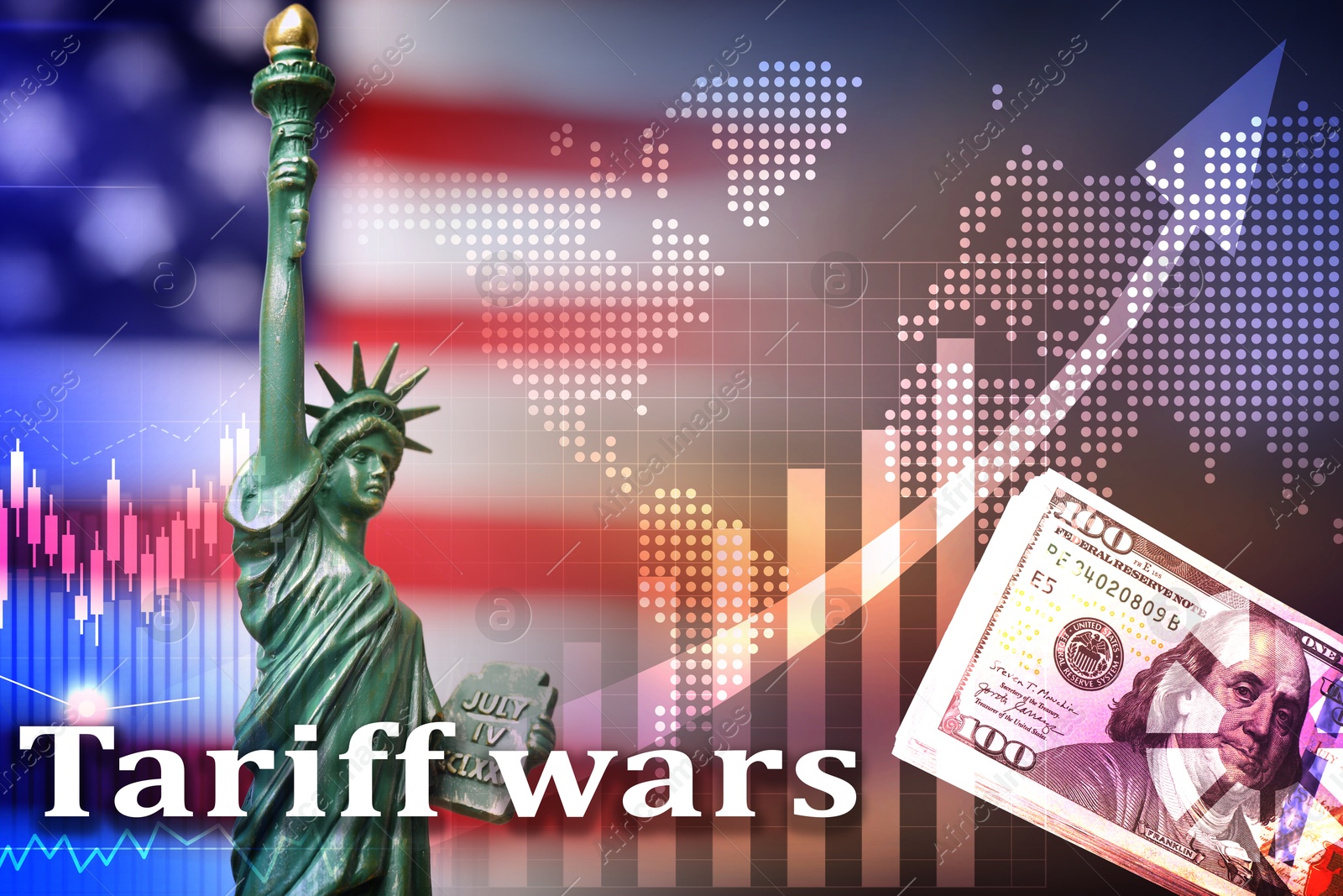 Tariff wars. Statue of Liberty, national flag of America, world map, graph, dollars and arrow. Double exposure Image of Tariff wars. Statue of Liberty, national flag of America, world map, graph, dollars and arrow. Double exposure