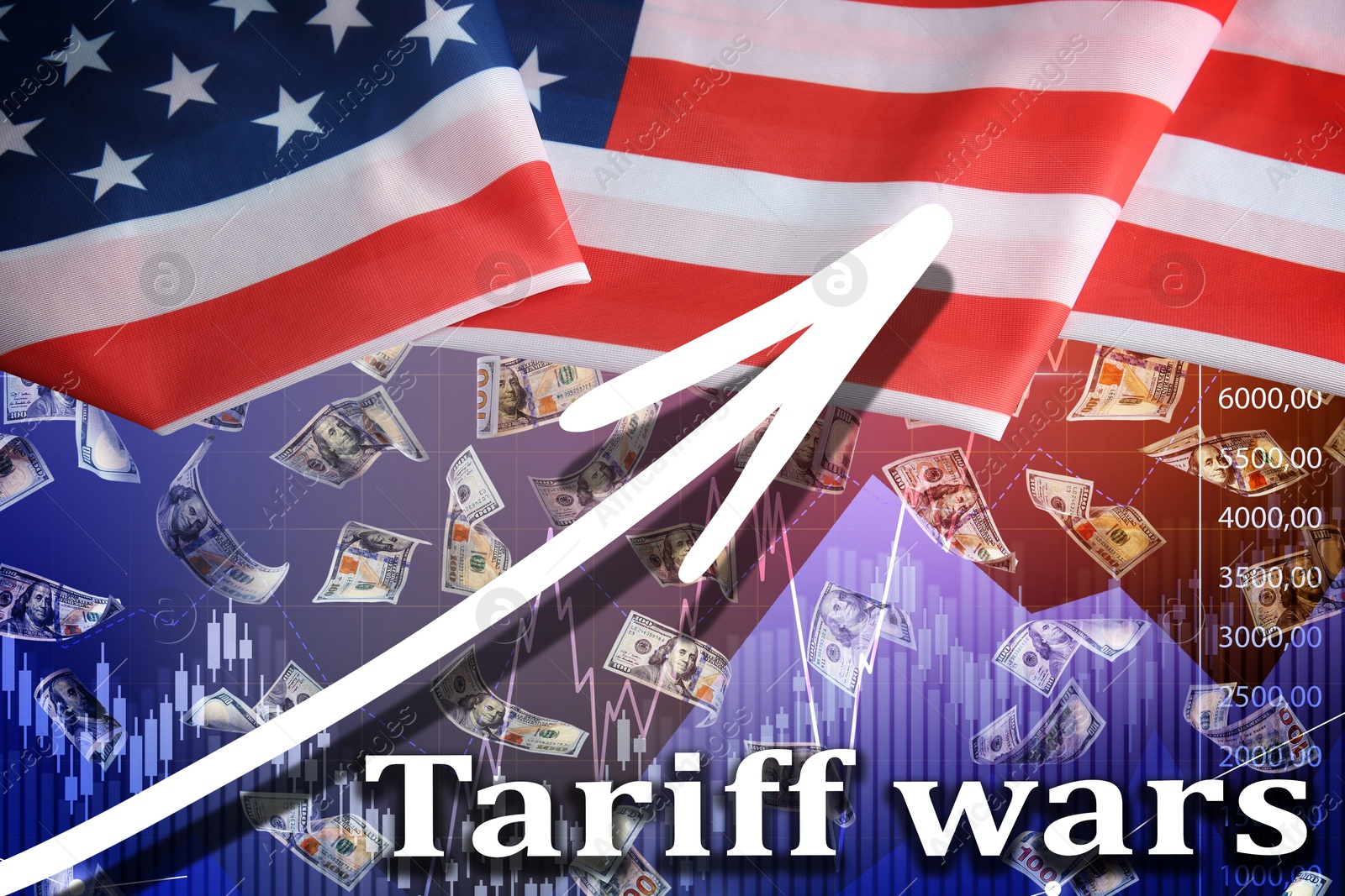 Tariff wars. National flag of America, falling dollars, graph and arrow. Double exposure Image of Tariff wars. National flag of America, falling dollars, graph and arrow. Double exposure