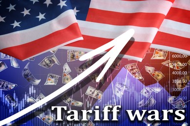 Image of Tariff wars. National flag of America, falling dollars, graph and arrow. Double exposure