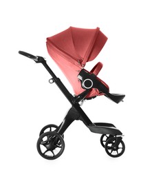 Image of Baby carriage. Modern pram with red canopy isolated on white