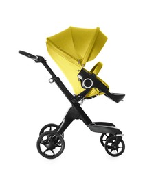 Image of Baby carriage. Modern pram with yellow canopy isolated on white