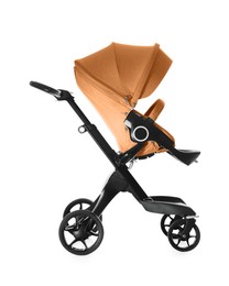 Image of Baby carriage. Modern pram with orange canopy isolated on white