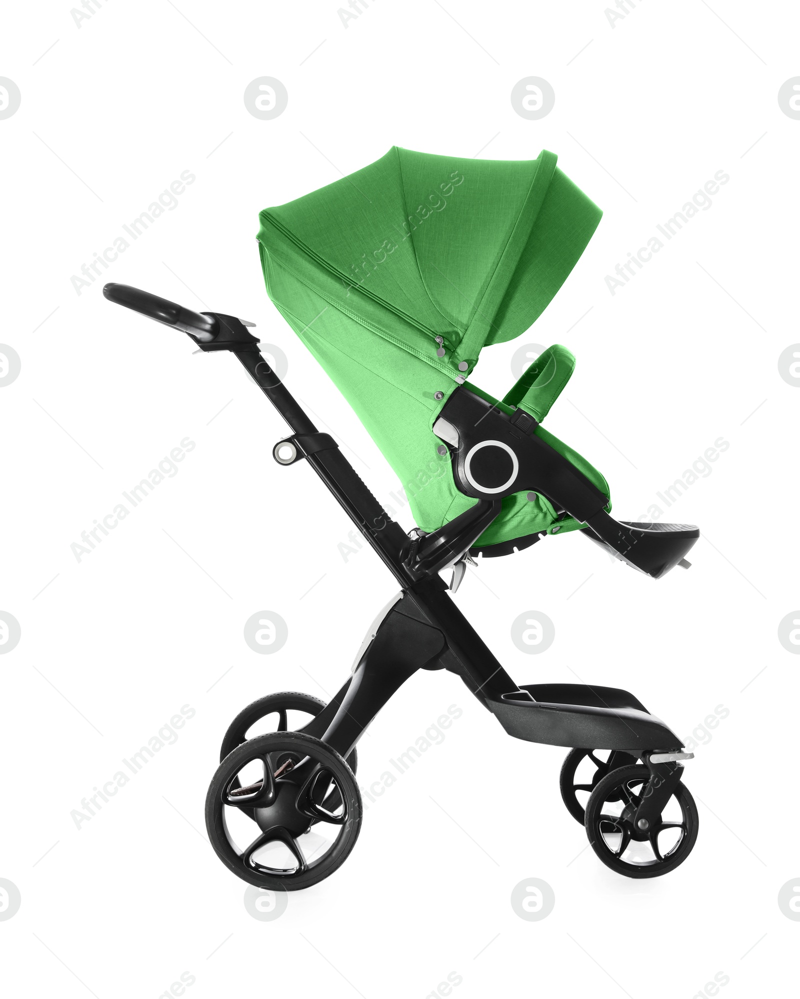 Image of Baby carriage. Modern pram with green canopy isolated on white