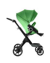 Image of Baby carriage. Modern pram with green canopy isolated on white
