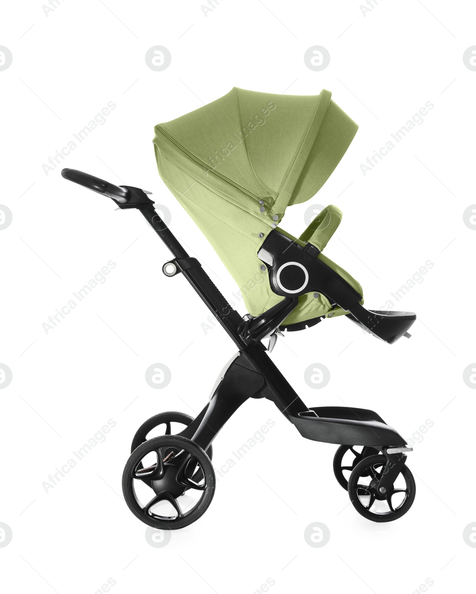 Image of Baby carriage. Modern pram with olive color canopy isolated on white