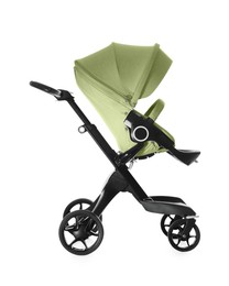 Image of Baby carriage. Modern pram with olive color canopy isolated on white