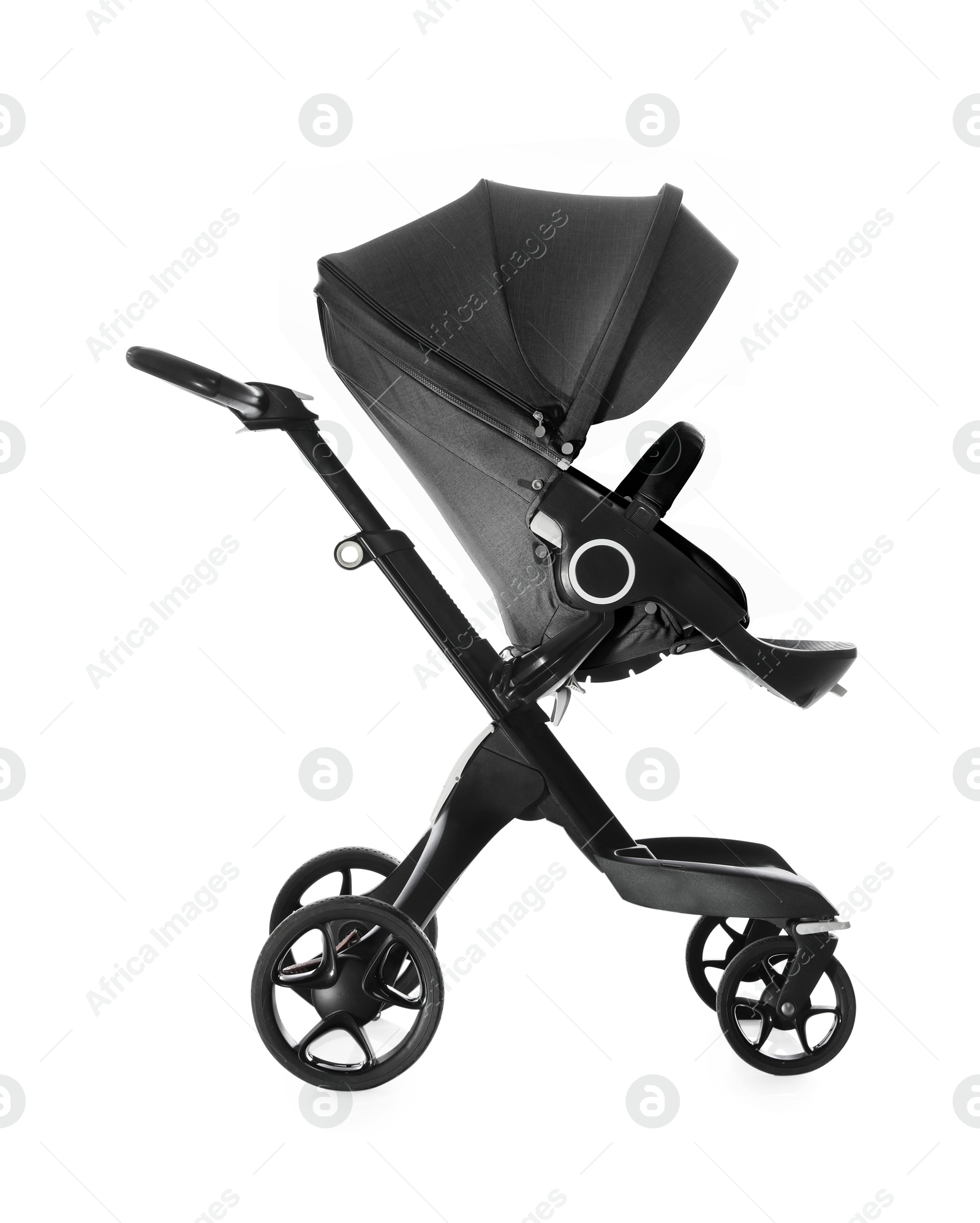 Baby carriage. Modern pram with black canopy isolated on white Image of Baby carriage. Modern pram with black canopy isolated on white