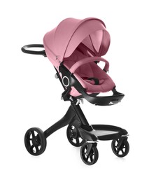 Image of Baby carriage. Modern pram with pink canopy isolated on white