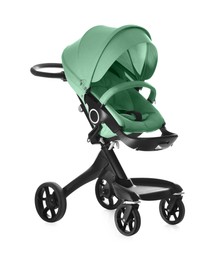 Image of Baby carriage. Modern pram with aquamarine color canopy isolated on white