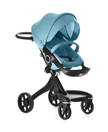 Image of Baby carriage. Modern pram with light blue canopy isolated on white