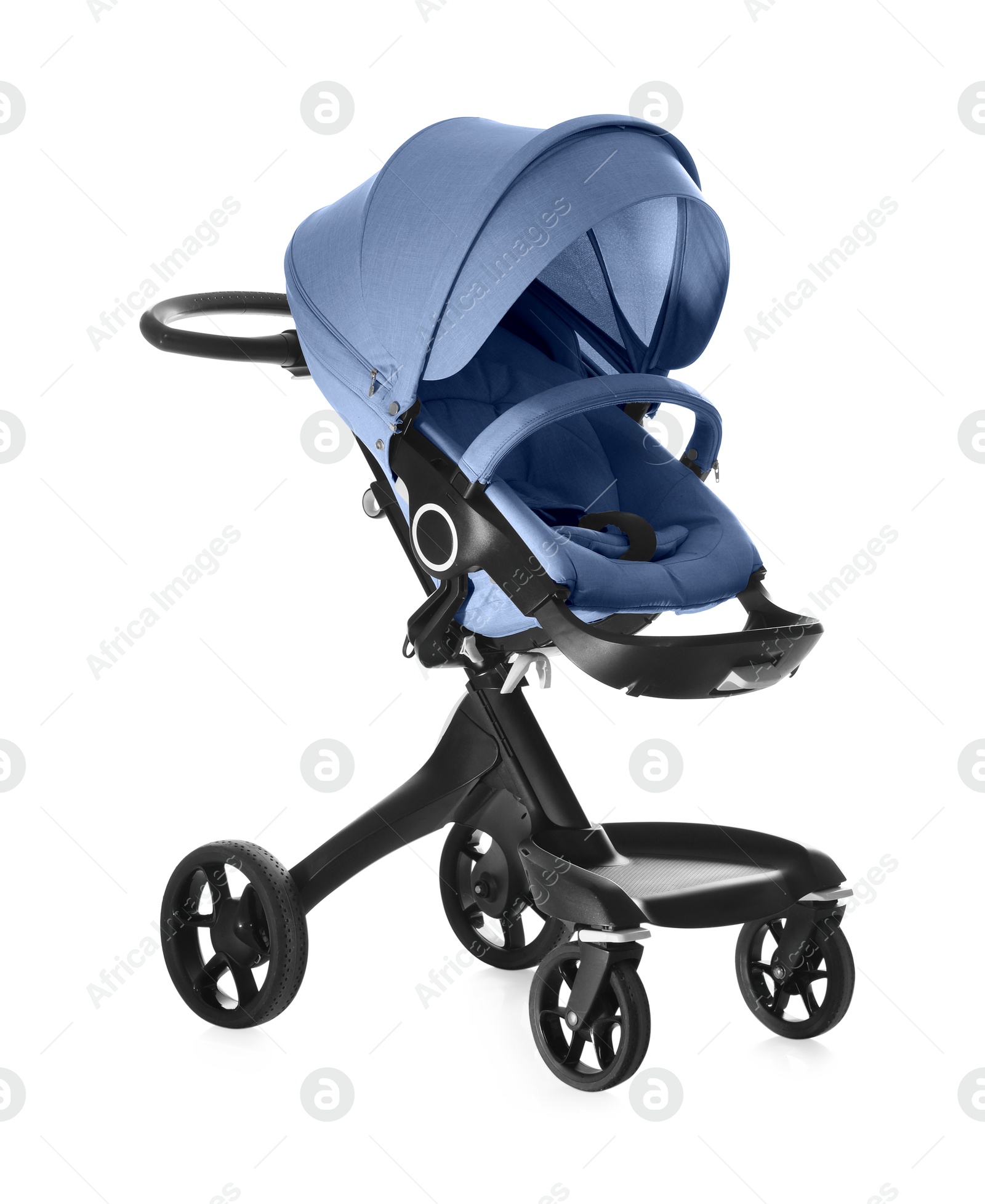 Image of Baby carriage. Modern pram with pale blue canopy isolated on white