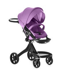 Image of Baby carriage. Modern pram with violet canopy isolated on white
