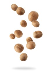 Image of Aromatic nutmeg seeds falling on white background