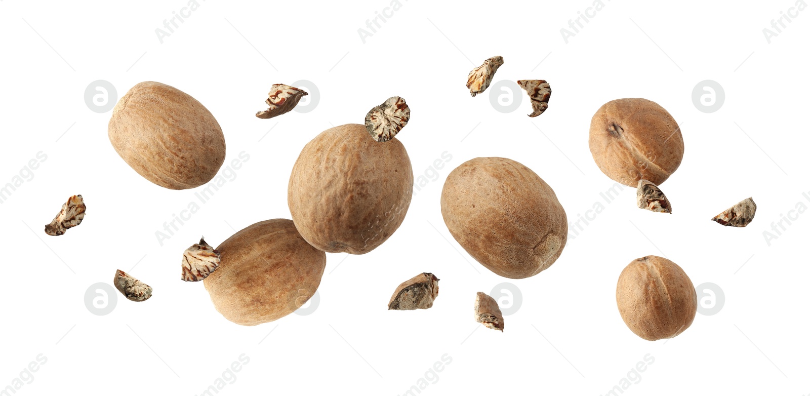 Aromatic nutmeg seeds and pieces falling on white background Image of Aromatic nutmeg seeds and pieces falling on white background