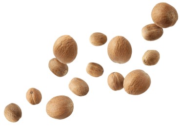Image of Aromatic nutmeg seeds falling on white background