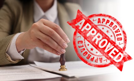 Image of Woman stamping document at table and red stamp Approved, banner design