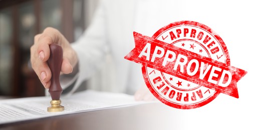 Image of Woman stamping document at table and red stamp Approved, banner design