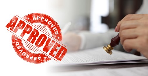 Image of Woman stamping document at table and red stamp Approved, banner design