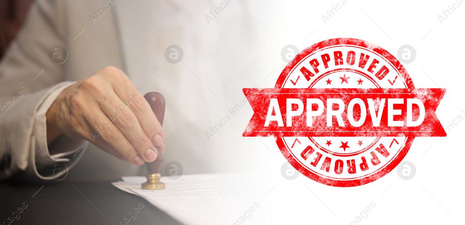 Woman stamping document at table and red stamp Approved, banner design Image of Woman stamping document at table and red stamp Approved, banner design