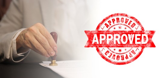 Image of Woman stamping document at table and red stamp Approved, banner design