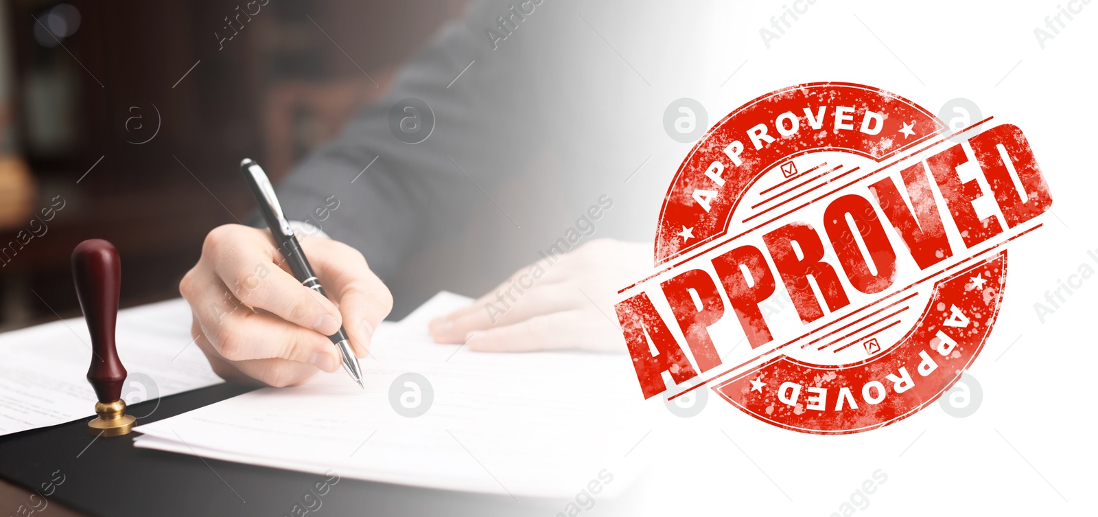 Man signing document at table in office and red stamp Approved, banner design Image of Man signing document at table in office and red stamp Approved, banner design