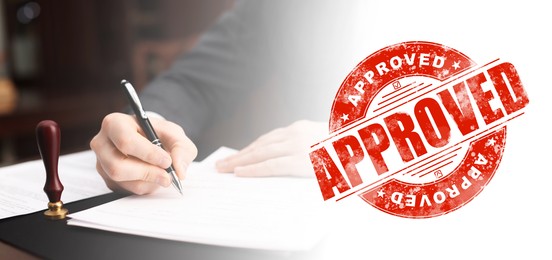 Image of Man signing document at table in office and red stamp Approved, banner design