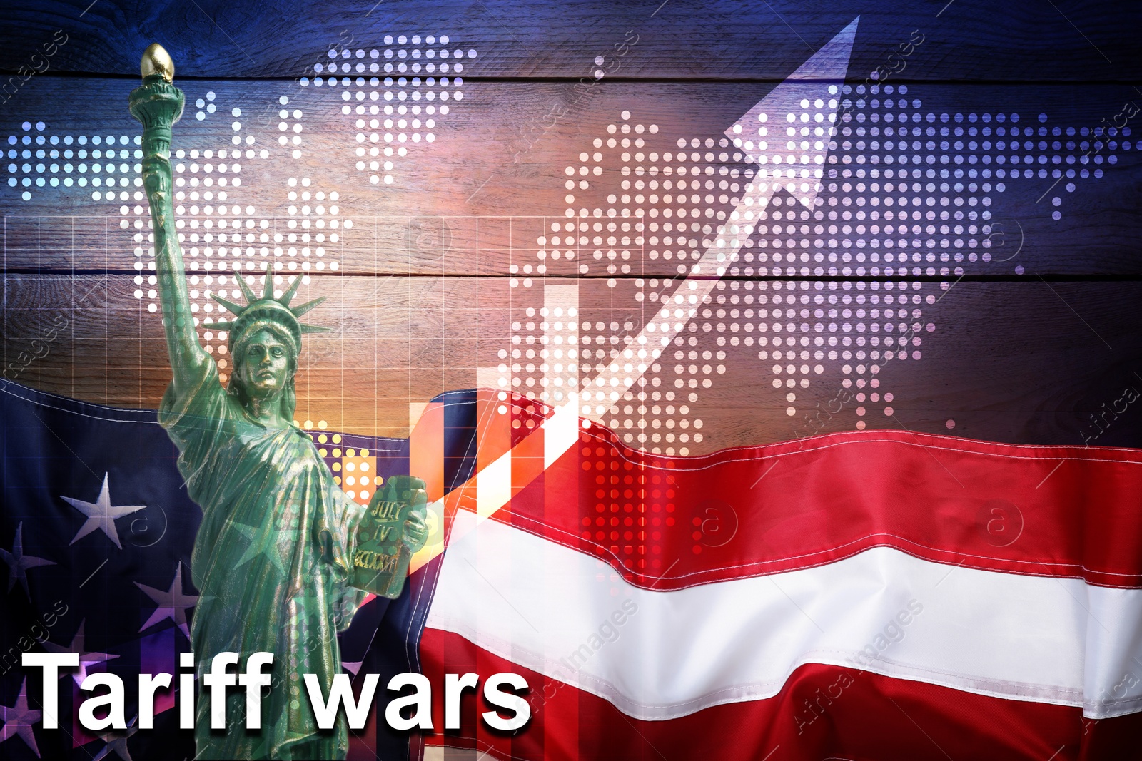 Tariff wars. Statue of Liberty, national flag of America, world map, graph and arrow. Double exposure Image of Tariff wars. Statue of Liberty, national flag of America, world map, graph and arrow. Double exposure