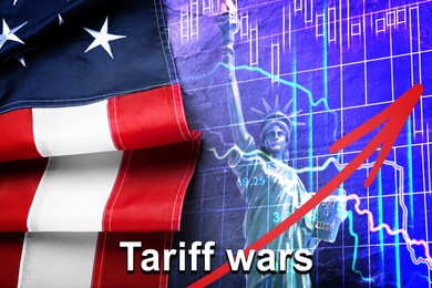 Image of Tariff wars. National flag of America, red arrow, statue of Liberty and graphs. Double exposure