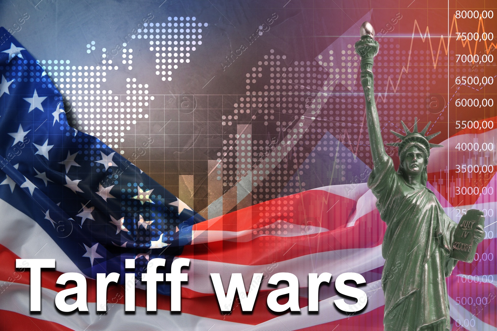 Tariff wars. Statue of Liberty, national flag of America, world map, graph and arrow. Double exposure Image of Tariff wars. Statue of Liberty, national flag of America, world map, graph and arrow. Double exposure