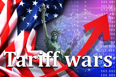 Image of Tariff wars. Statue of Liberty, national flag of America, graph and arrow. Double exposure