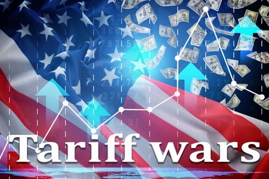Image of Tariff wars. National flag of America, graph, arrows and falling dollars. Double exposure