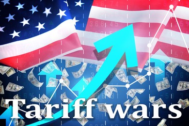 Image of Tariff wars. National flag of America, graph, arrows and falling dollars. Double exposure