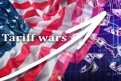 Image of Tariff wars. National flag of America, graph, arrow and falling dollars. Double exposure