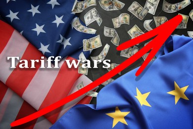 Image of Tariff wars. Flags of America and European Union, arrow and falling dollars