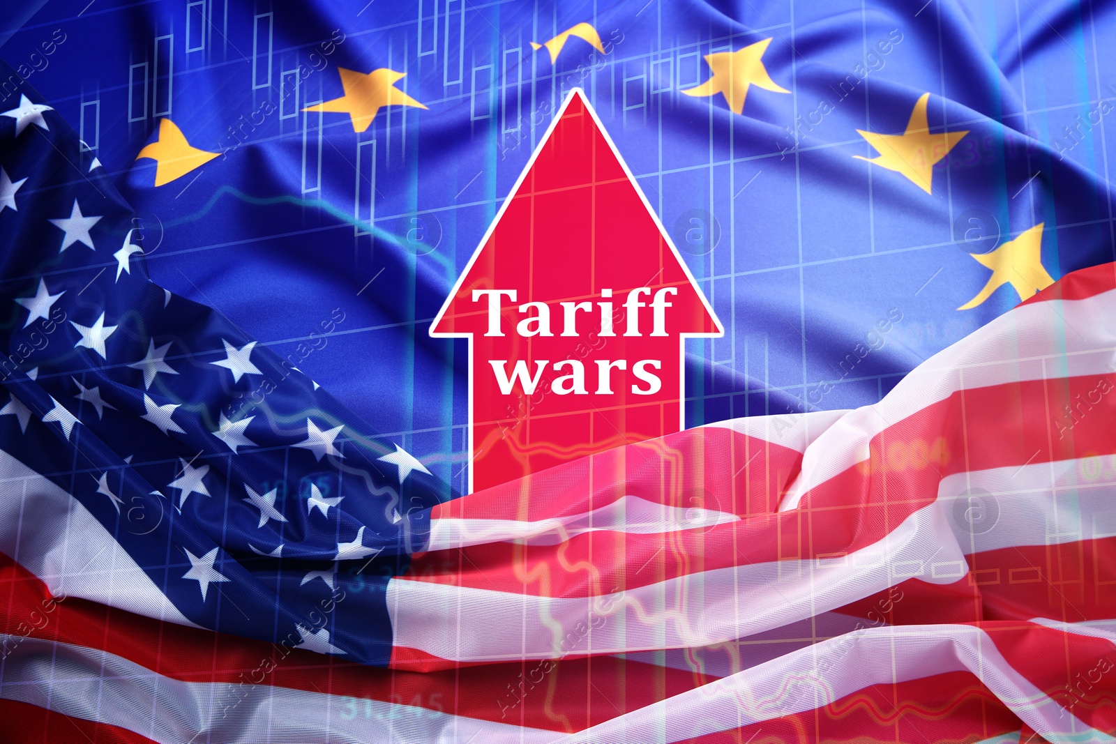 Tariff wars. Flags of America and European Union, graph and arrow. Double exposure Image of Tariff wars. Flags of America and European Union, graph and arrow. Double exposure
