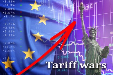 Image of Tariff wars. Statue of Liberty, flag of European Union, graph and arrow. Double exposure