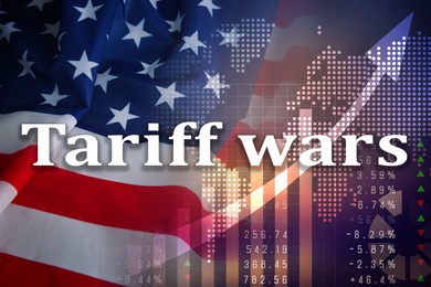Image of Tariff wars. National flag of America, world map, graph and arrow. Double exposure