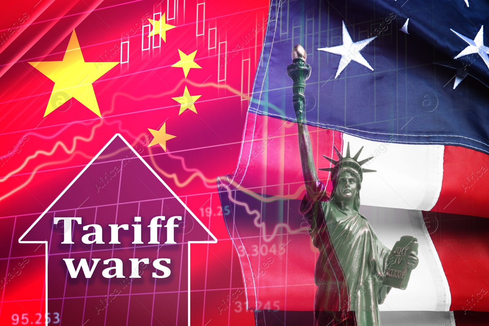 Tariff wars. Statue of Liberty, national flags of America and China, graph and arrow. Double exposure Image of Tariff wars. Statue of Liberty, national flags of America and China, graph and arrow. Double exposure